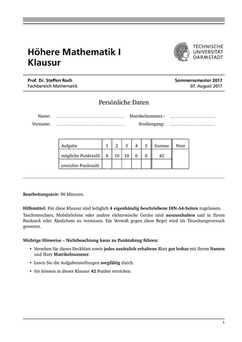 Hoe Ma 1 So Se17 Roch mathe Höhere Mathematik I Klausur Prof Dr