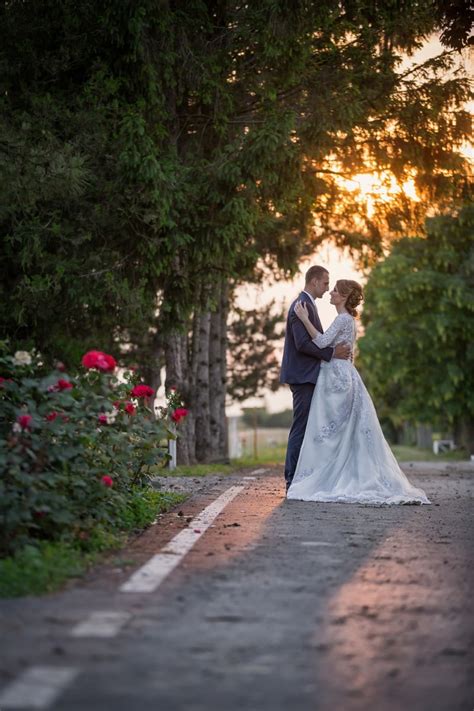 picture kiss newlyweds garden sunset pathway wedding bride