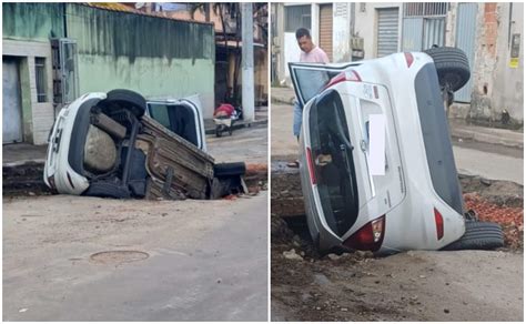 V Deo Susto Carro Cai Em Buraco De Obra Em Vila Velha