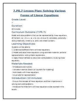 7 PR 7 Solving Various Forms Of Linear Equations Lesson Plan TPT