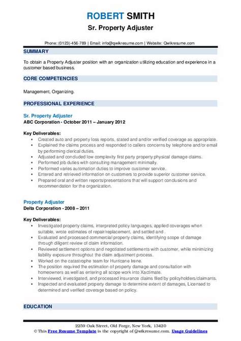 Property Adjuster Resume Samples Qwikresume