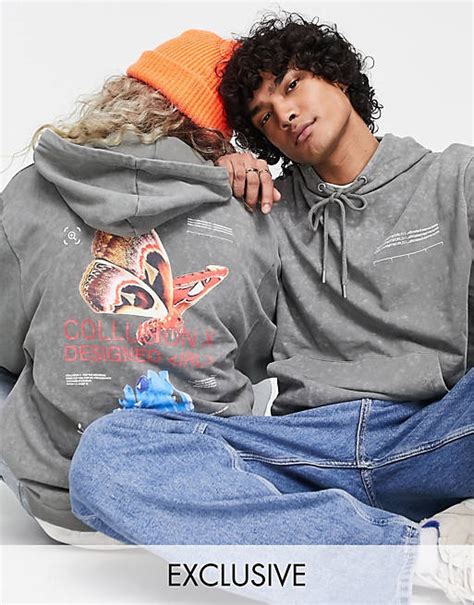 Collusion Unisex Hoodie With Print In Gray Acid Wash Asos