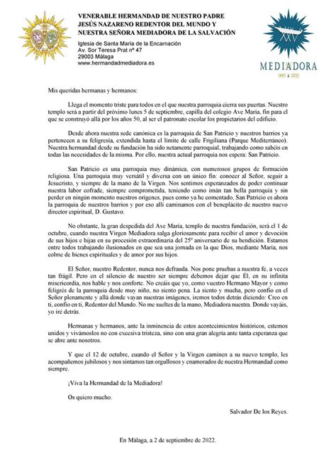 Hdad De La Mediadora On Twitter Carta Del Hermano Mayor A Los