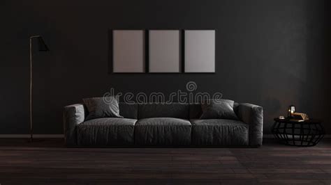 Luxury Dark Living Room Interior With Gray Sofa Mock Up Modern