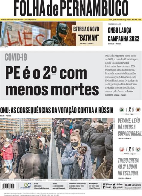 Capa Folha De Pernambuco S Bado De Mar O De