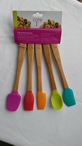 Five Wooden Utensils With Different Colored Handles On A White