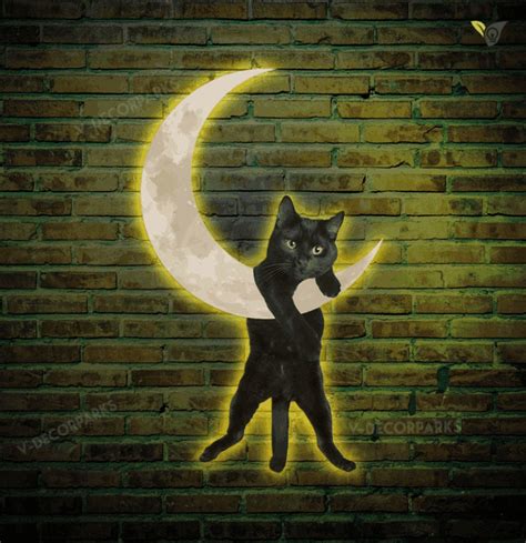 Black Cat Moon Wall Hanging Metal Wall Art With Led Light, Black Cat ...