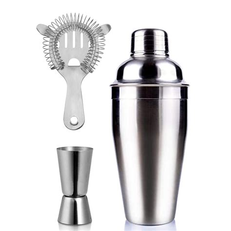 Cocktail Shaker With Peg Measuring Jig And Strainer Stainless Steel