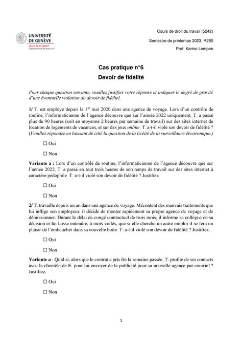 CP6 Devoir de fidélité Cas pratique de droit du travail 1 Cours de