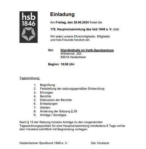 Einladung Zur 178 Hauptversammlung Heidenheimer Sportbund