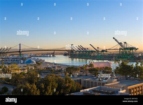 View over the Port of Los Angeles at sunset, San Pedro, Los Angeles, California, USA Stock Photo ...