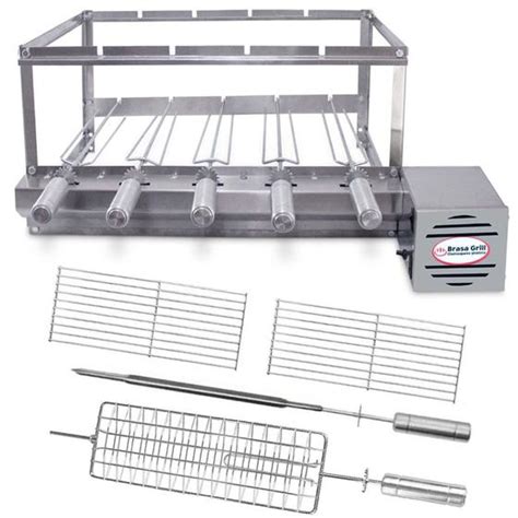 Kit COMBO Inox Elétrico Giratório Direito Churrasqueira Gira 5 Espetos