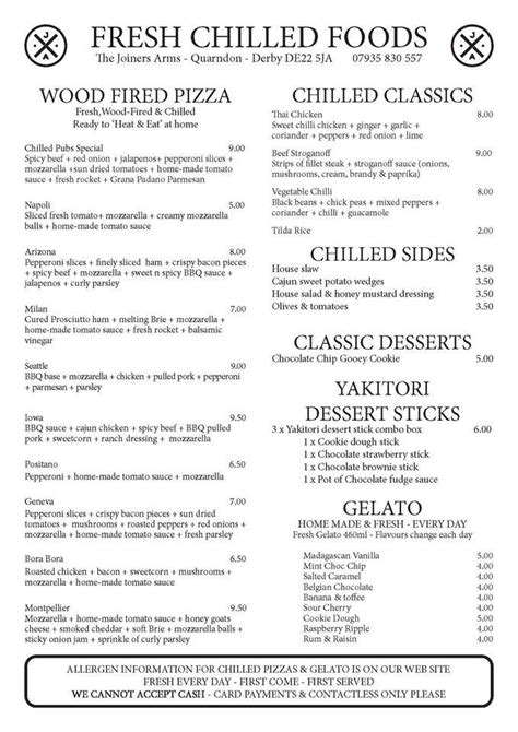 Menu at The Joiners Arms pub & bar, Derby