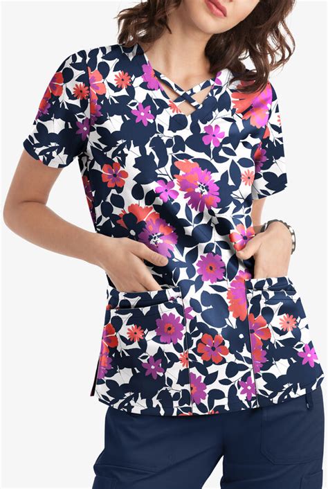 Ua Butter Soft Stretch Criss Cross Print Scrub Top Floral Scrubs