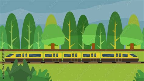 2D cartoon animation loop of train with beautiful forest landscape ...