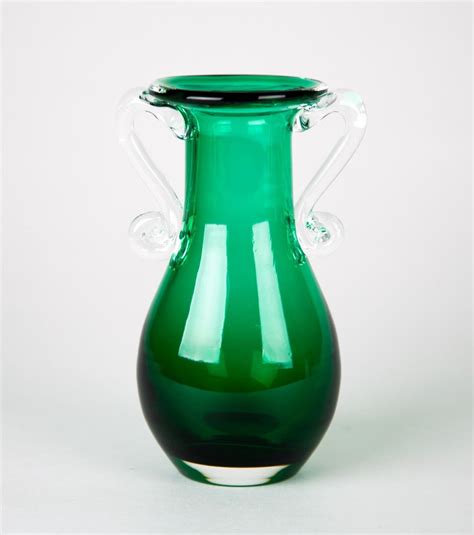 Vintage Green Art Glass Bud Vase Clear Applied Glass Handles Etsy