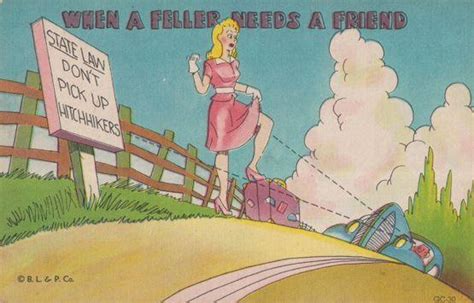 When A Fella Needs A Friend Upskirt Tease Sexy Lady Hitchhiker Comic Postcard Topics