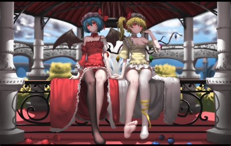 Red Eyes Short Hair Blue Hair Blonde Sitting Two Women Legs