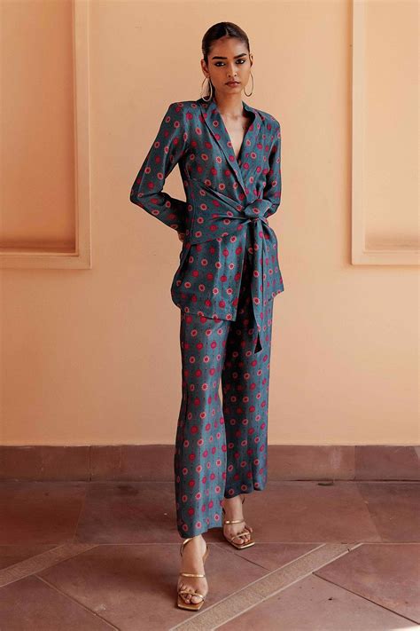 Buy Blue Dupion Silk Printed Floral Shawl Nazreen Blazer And Pant Set