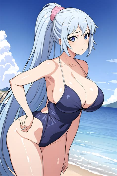 Hentai Busty Alluring Bare Legs Beach Big Breasts Bikini Blue Eyes