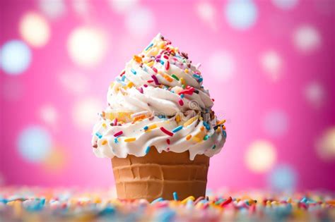 White Vanilla Ice Cream With Rainbow Sprinkles In Cookie Tasty Dessert Background Stock