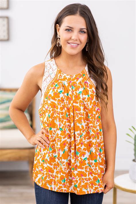 Orange Multicolor Lace Trim Floral Tank · Filly Flair