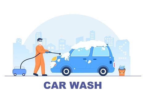 Car Wash Service Flat Design Illustration Workers Washing Automobile