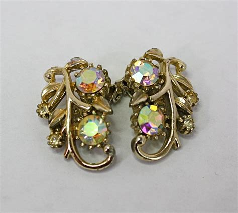 Vintage 60s Coro Rhinestone Earrings Gold Floral W AB