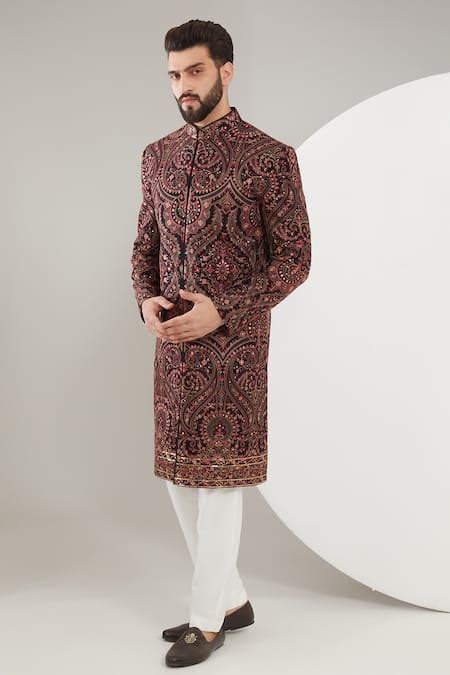 Buy Multi Color Georgette Embroidered Thread Kashmiri Sherwani For Men