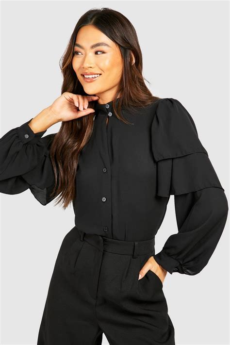 Womens Woven Ruffle Shoulder Volume Sleeve Blouse Boohoo Uk