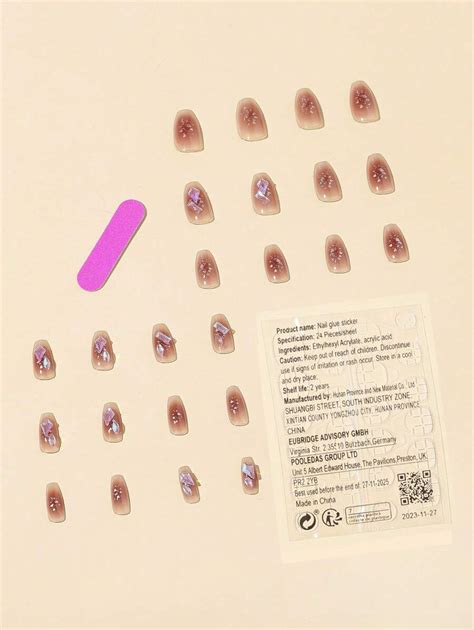 Transform Your Nails With 24pcs Long Coffin Blush Rhinestone Sequins Fake Nail And 1pc Nail File