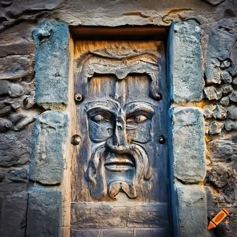 Ancient Gray Stone Door With A Wise Face Carving In A Mountain Wall On