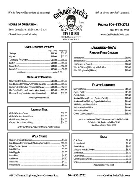 Crabby Jack's Menu | New Orleans' finest po' boys and cajun food ...