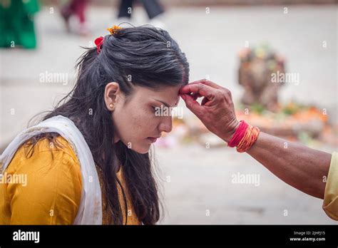 Lalitpur Nepal 18th July 2022 A Devotee Receives Tika On Her