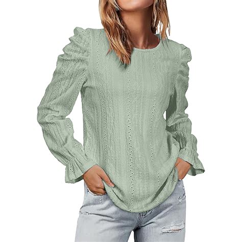 Ehqjnj Backless Top Puff Sleeve Tops For Women Crewneck Eyelet Tunic Shirts Fall Clothes Womens