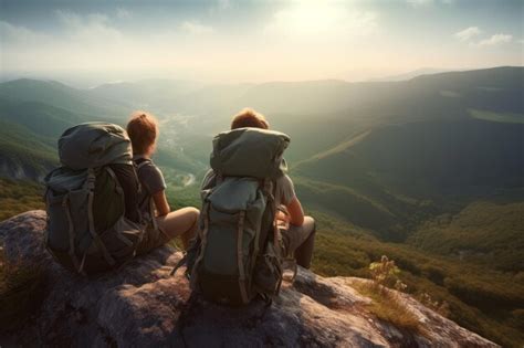 Premium AI Image Hikers With Backpacks Sitting And Relaxing On The