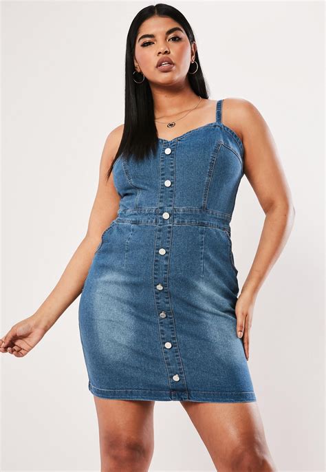 Plus Size Blue Button Detail Stretch Denim Mini Dress Missguided