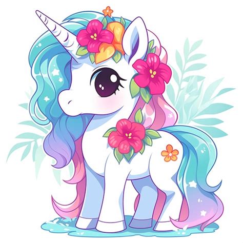 Unicornio De Dibujos Animados Con Flores En El Cabello Ai Generativo