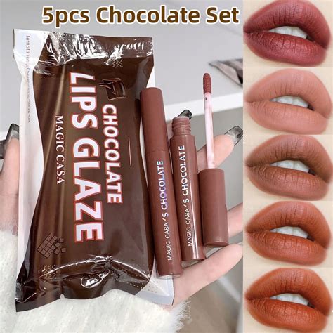 Ready Stock 5pcs Chocolate Matte Lip Glaze Set Nude Velvet Lip Gloss Make Up Lip Set Waterproof