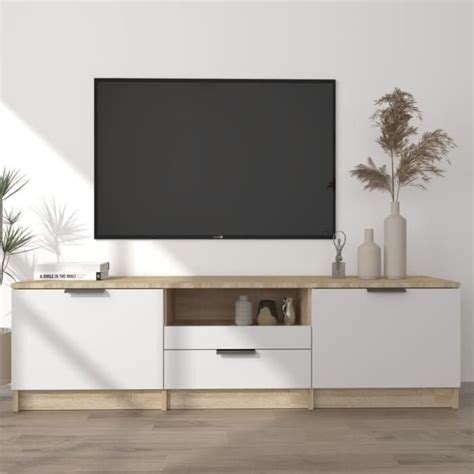 Vidaxl Meuble Tv Blanc Et Ch Ne Sonoma X X Cm Bois D Ing Nierie