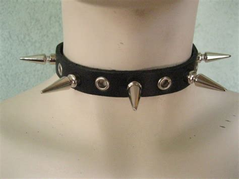 Black Leather Choker With Long Spikes And Eyelets Etsy