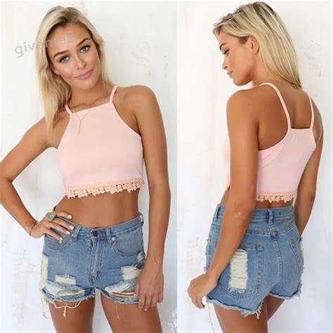 Summer Style Women Sexy Spaghetti Strap Poetic Halterneck Lace Hem Crop Top Pink Cotton Tank Top