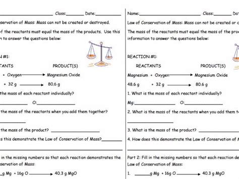 Law Of Conservation Of Mass Practice Sheet 2 Per Page Teaching Resources