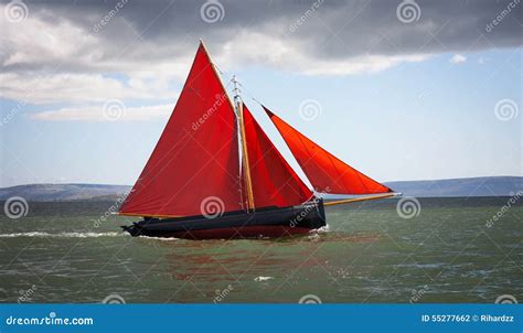 Traditional Wooden Boat With Red Sail Stock Photo Image 55277662