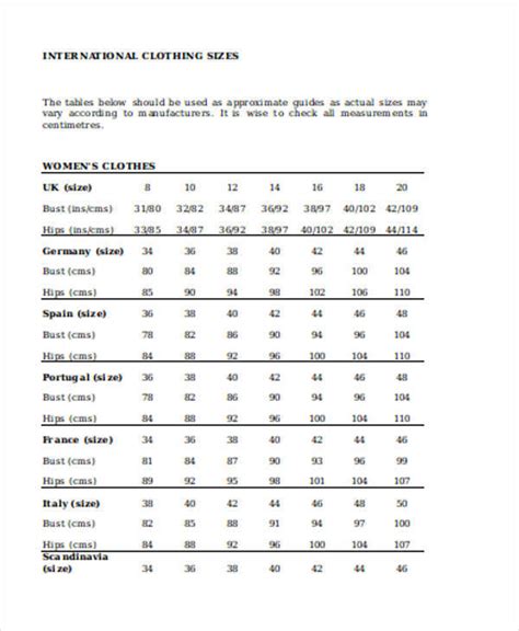 Free 15 Size Chart Templates In Ms Word Pdf Excel