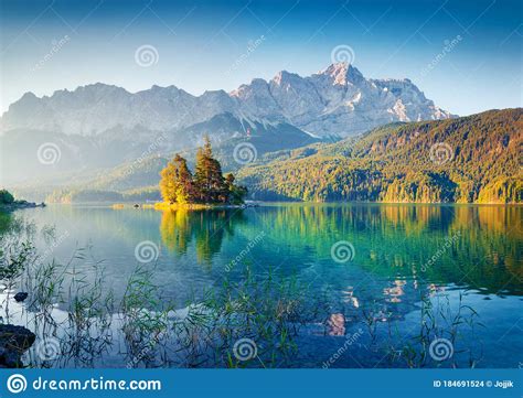 Great Summer Sunrise On Eibsee Lake With Zugspitze Mountain Range