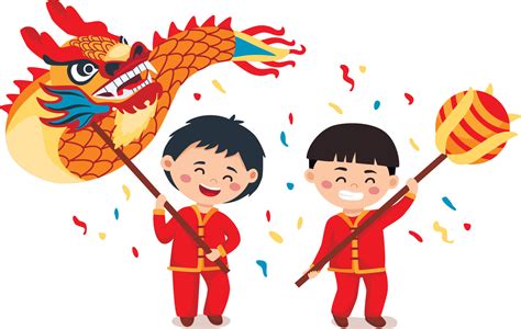 Chinese new year festival. Two little boys dancing Dragon dance ...