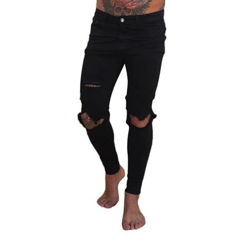 Hommes Denim Jeans Déchiré Effet Usé Troué Occasionnels Slim Jeans En