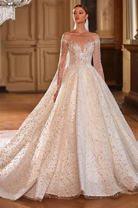 Paillette Exquise Manches Longues Robe De Mari E Princesse Perle Pai