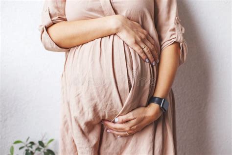 Pregnant Woman X S Belly Closeup Hands Hugging Belly Stock Photo